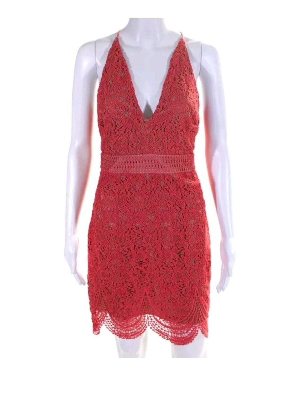 Stylestalker Lace Overlay Scalloped Hem Amelie Mini Dress Melon Pink Small NWT
